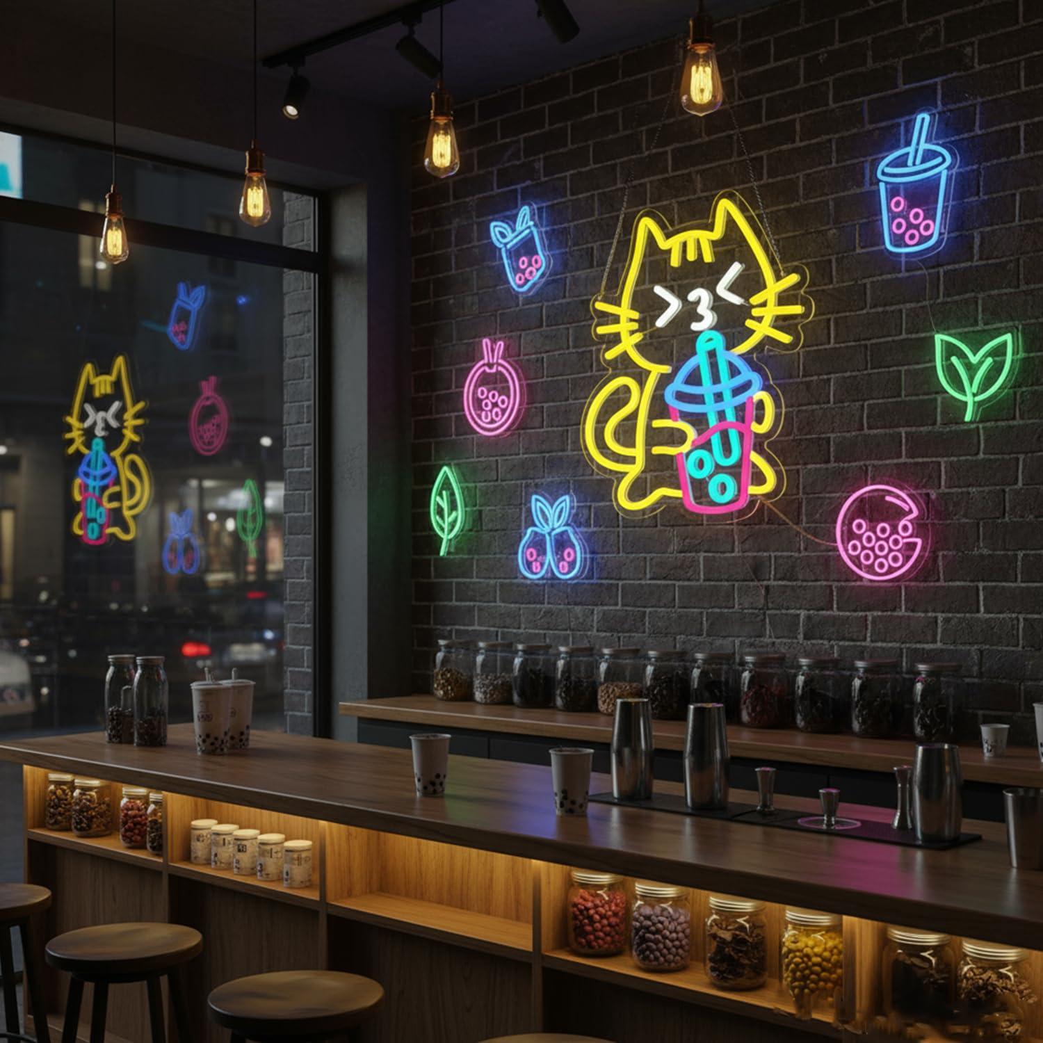 Cat Boba Tea Neon Sign Cute An - Coffee Tea Neon Sign review and price